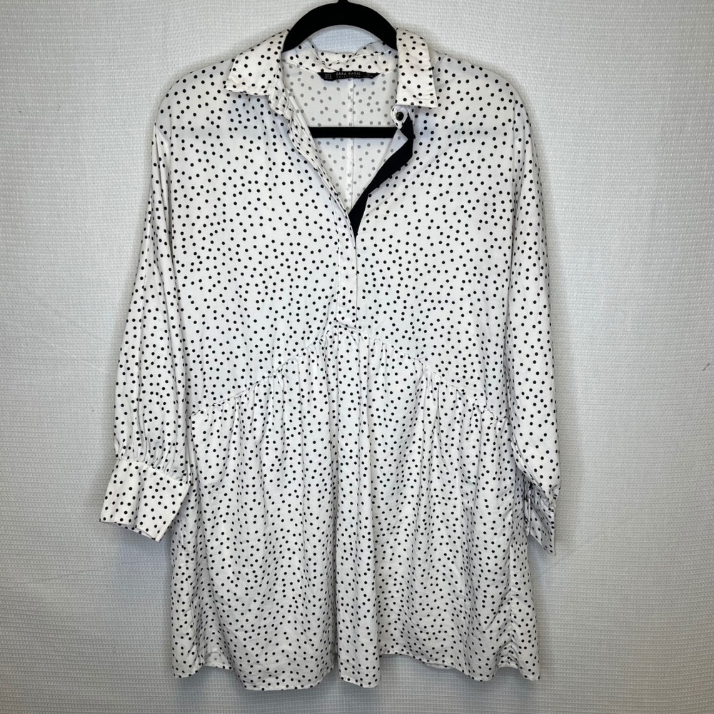 Zara Basic Polka Dot Babydoll Tunic Dress White Black Long Sleeve Pockets M